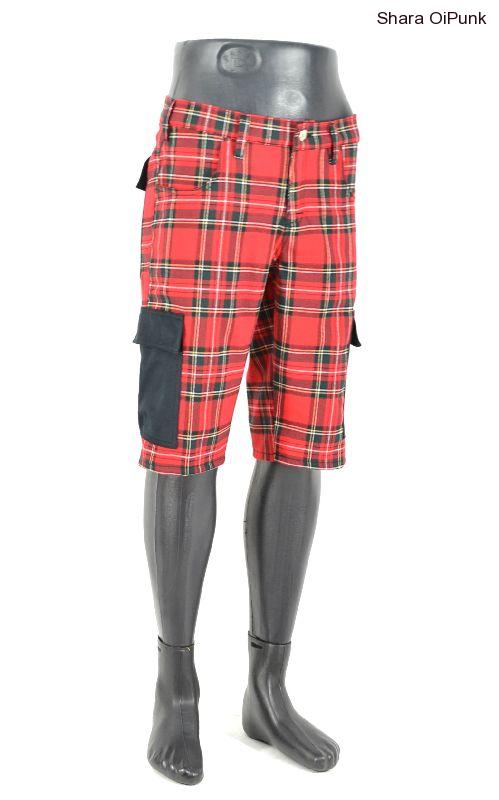 Punk kraťasy červené káro, kapsy ČERVENÉ KÁRO se zipem SKLADEM -XS