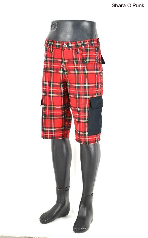 Punk kraťasy červené káro, kapsy ČERVENÉ KÁRO se zipem SKLADEM -XS