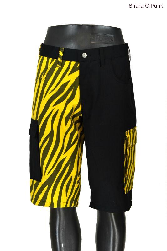 Punk kraťasy s bočníma kapsama černá/žlutá zebra - SKLADEM vel. XXL