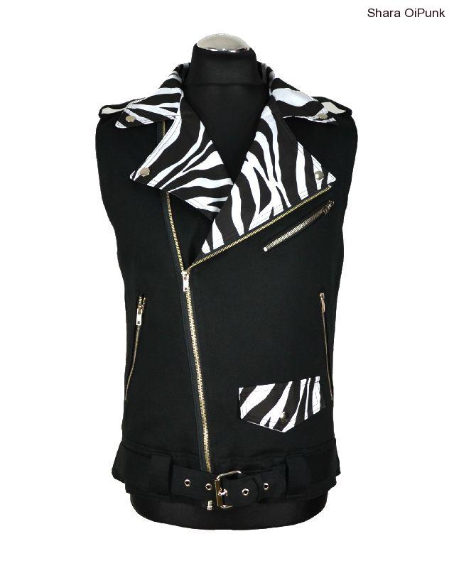 Punk vesta pánská černá, klopy + límec bílá zebra - SKLADEM XS