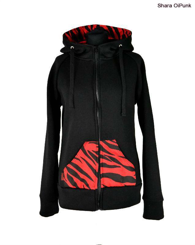 Punk mikina na zip - černá/červená zebra