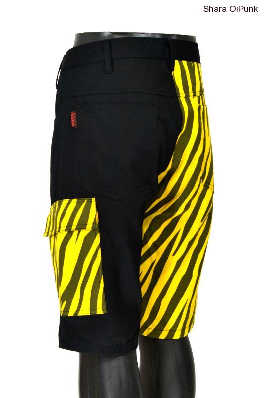 Punk kraťasy s bočníma kapsama černá/žlutá zebra - SKLADEM vel. XXL