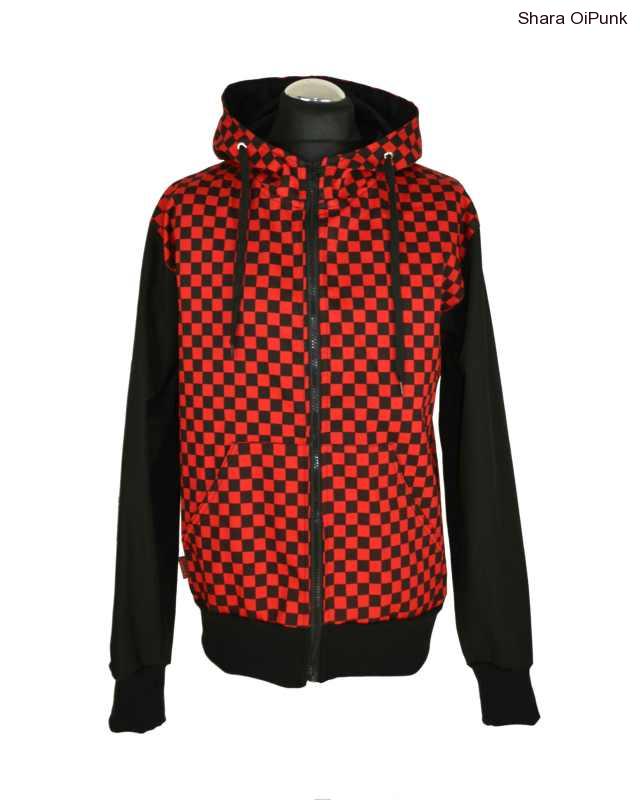 Punk černá celoroční bunda červená SKA kostka SKLADEM 8ks - L
