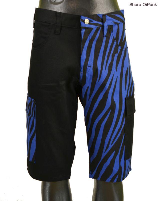 Punk kraťasy s prohozenýma bočníma kapsama - černá/modrá zebra-SKLADEM -XXL