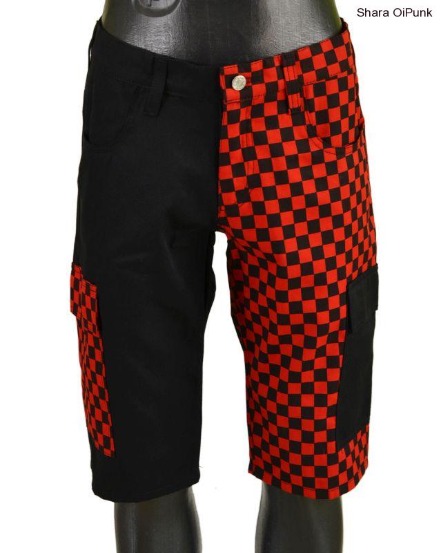 Punk kraťasy s prohozenýma bočníma kapsama- černá/červená SKA kostka-SKLADEM 2ks-L