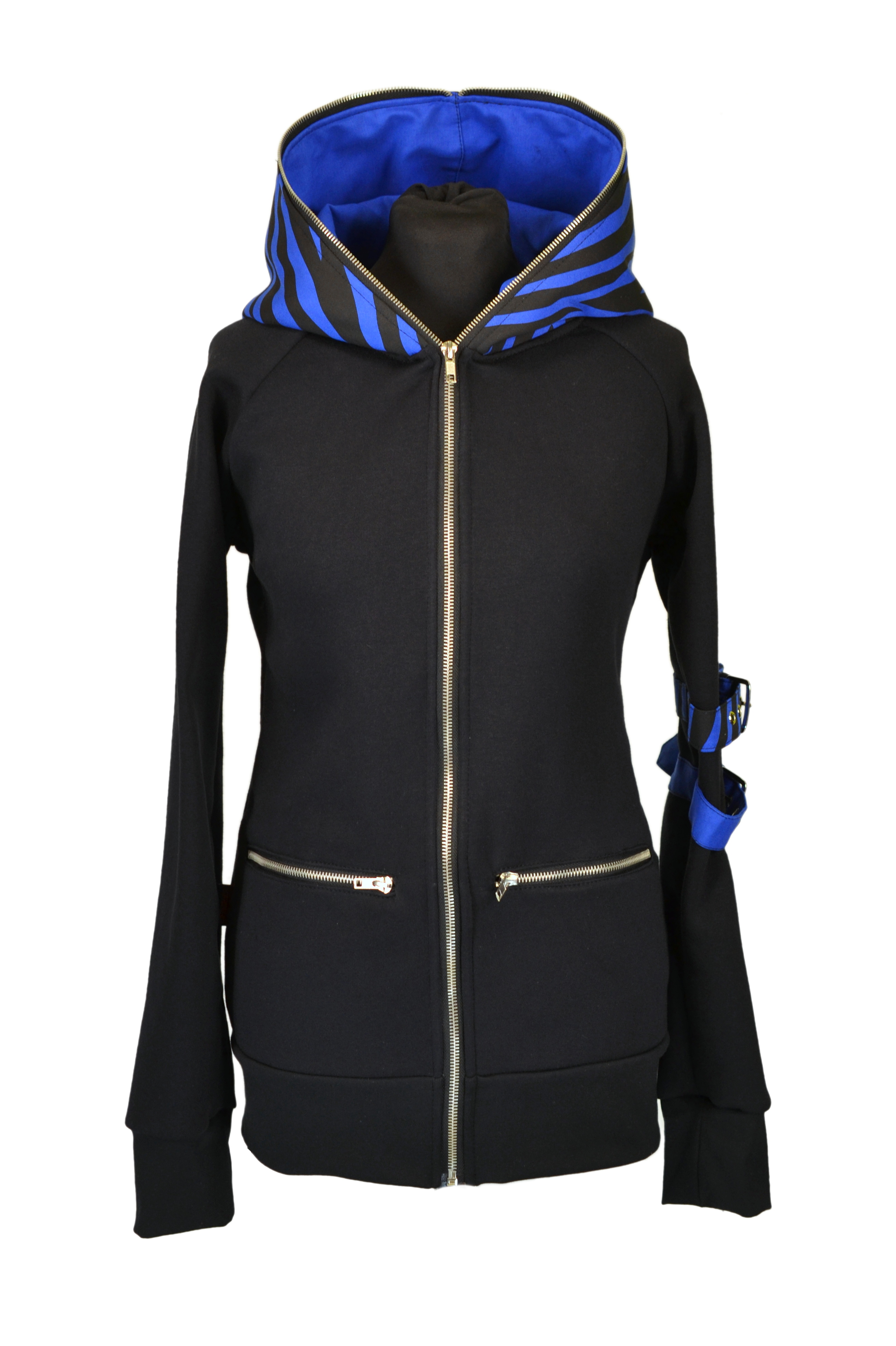 Punk mikina dámská - černá/modrá zebra s kovovým zipem kolem kapuce-SKLADEM-S