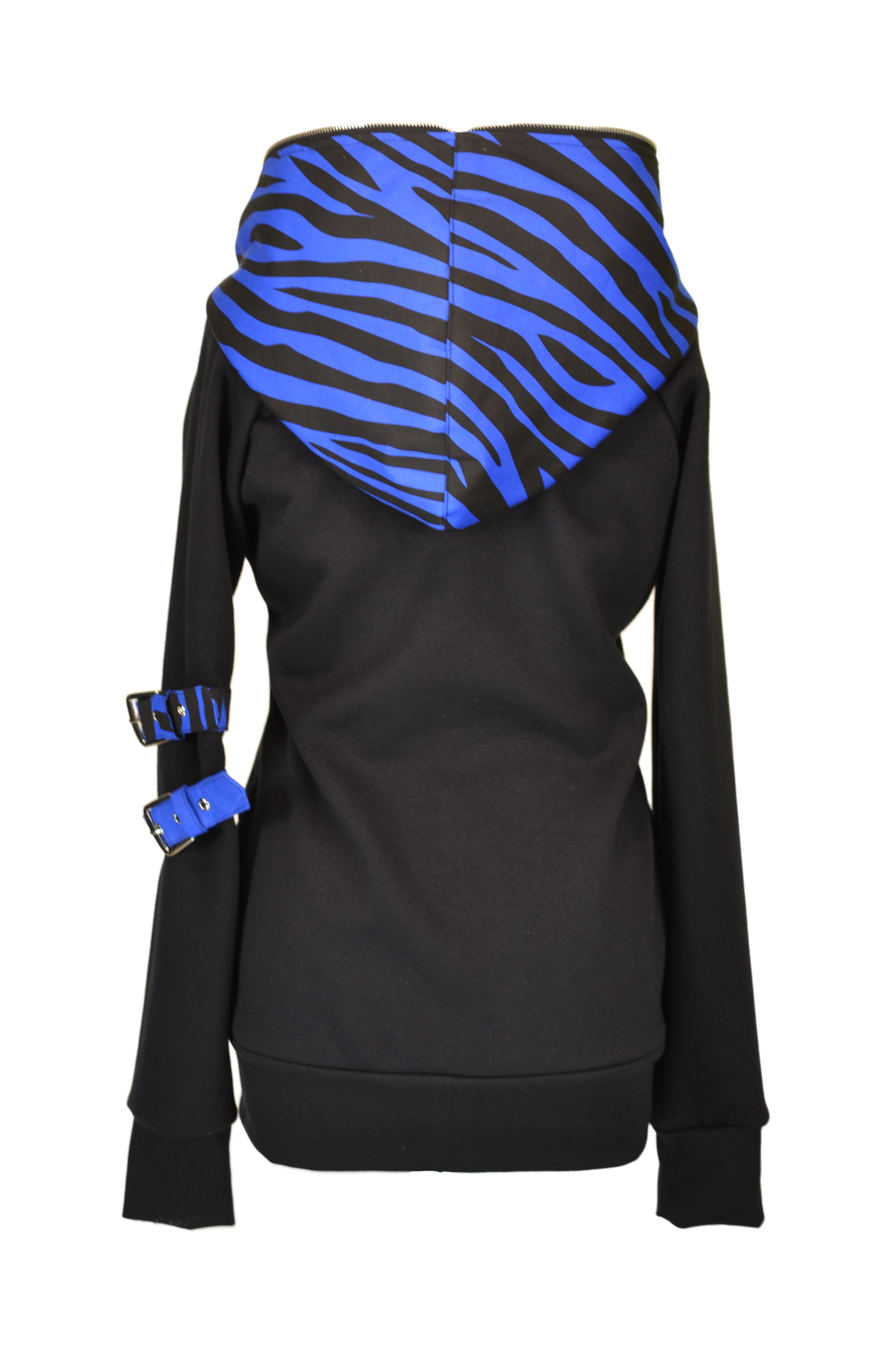 Punk mikina dámská - černá/modrá zebra s kovovým zipem kolem kapuce-SKLADEM-S