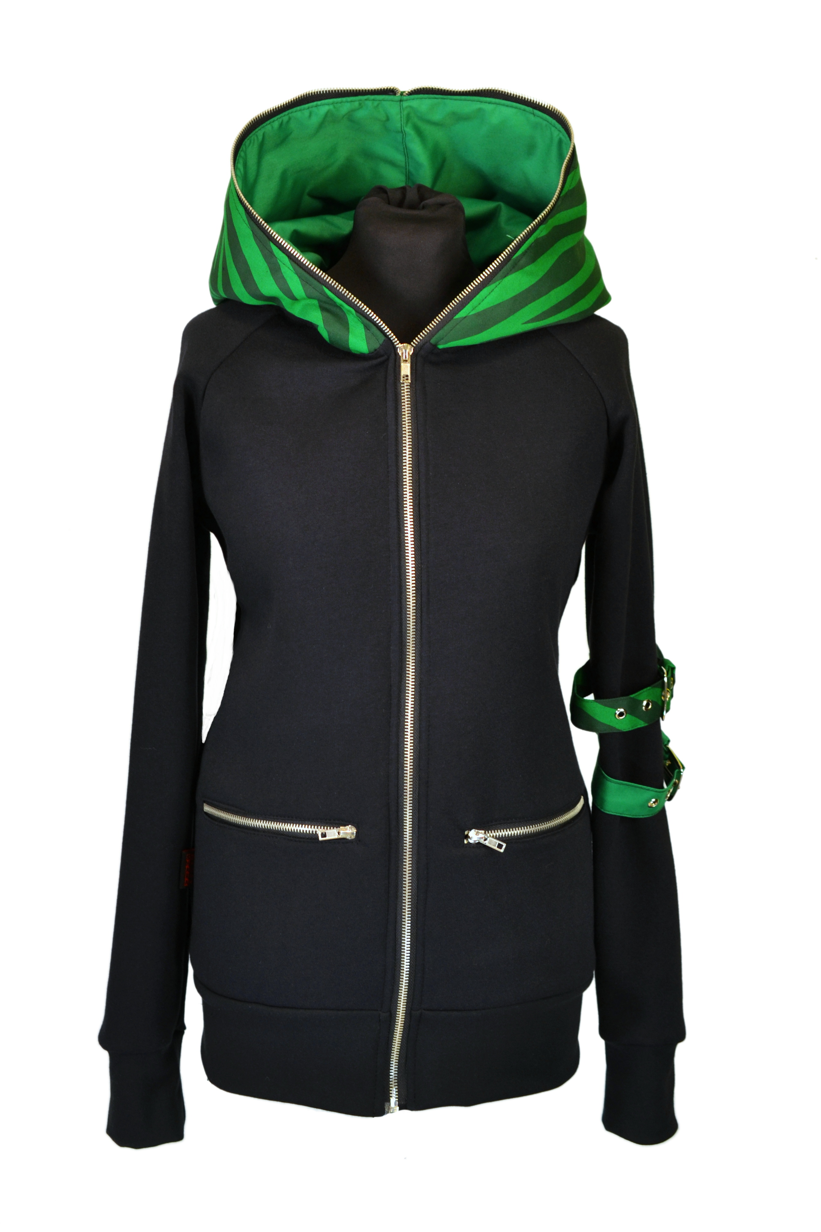 Punk mikina dámská - černá/zelená zebra s kovovým zipem kolem kapuce-SKLADEM-S