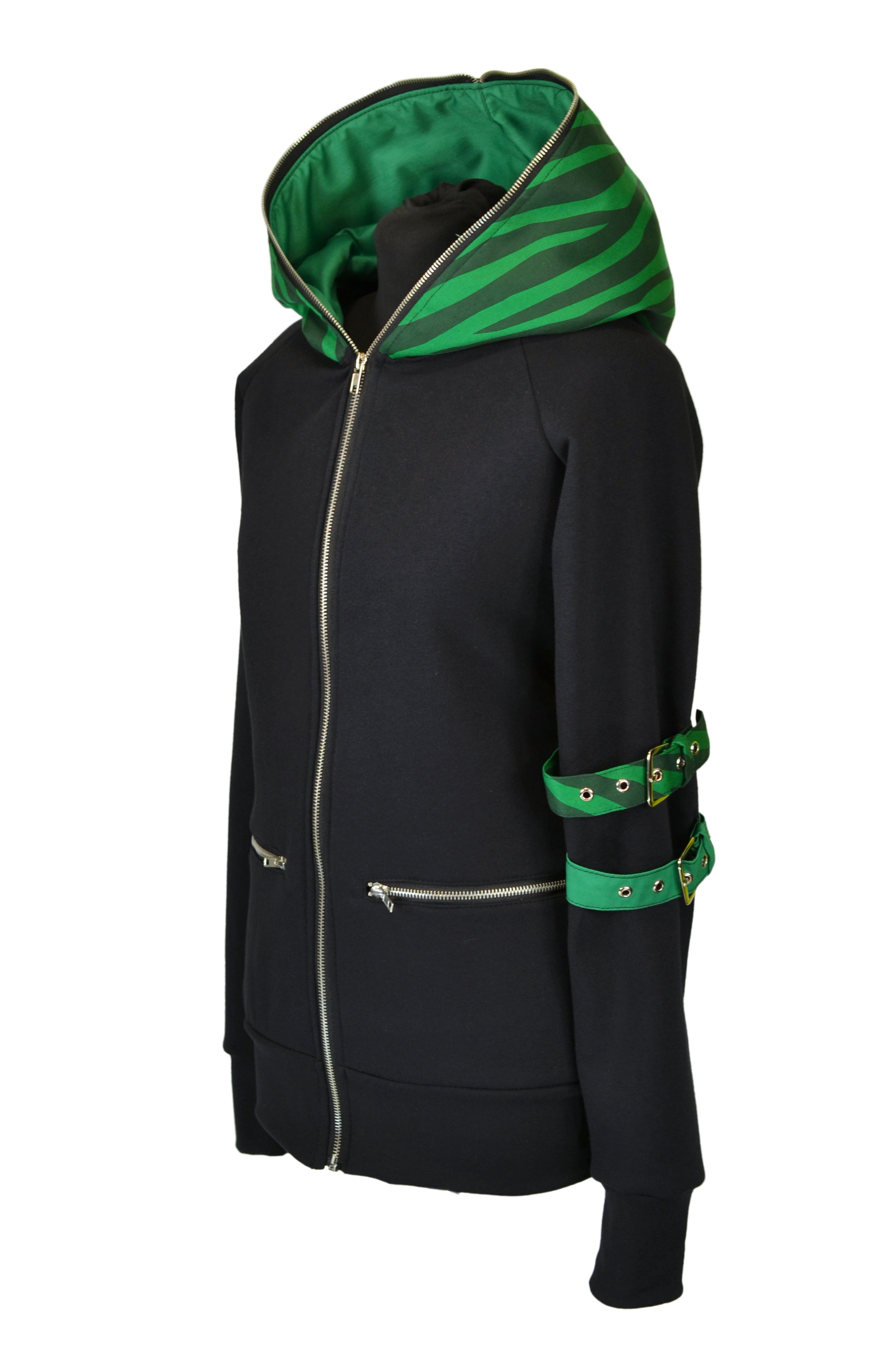 Punk mikina dámská - černá/zelená zebra s kovovým zipem kolem kapuce-SKLADEM-S