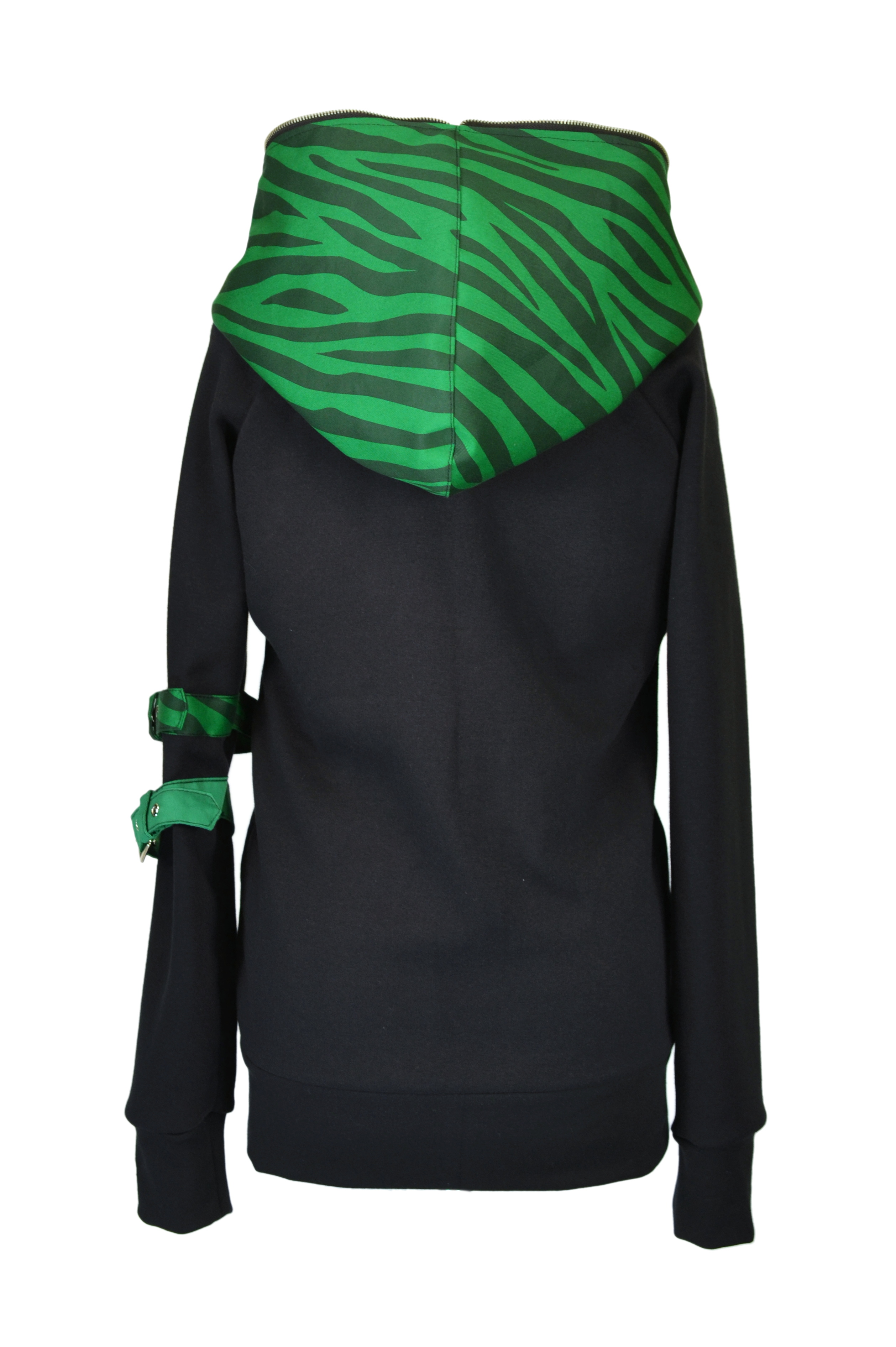 Punk mikina dámská - černá/zelená zebra s kovovým zipem kolem kapuce-SKLADEM-S