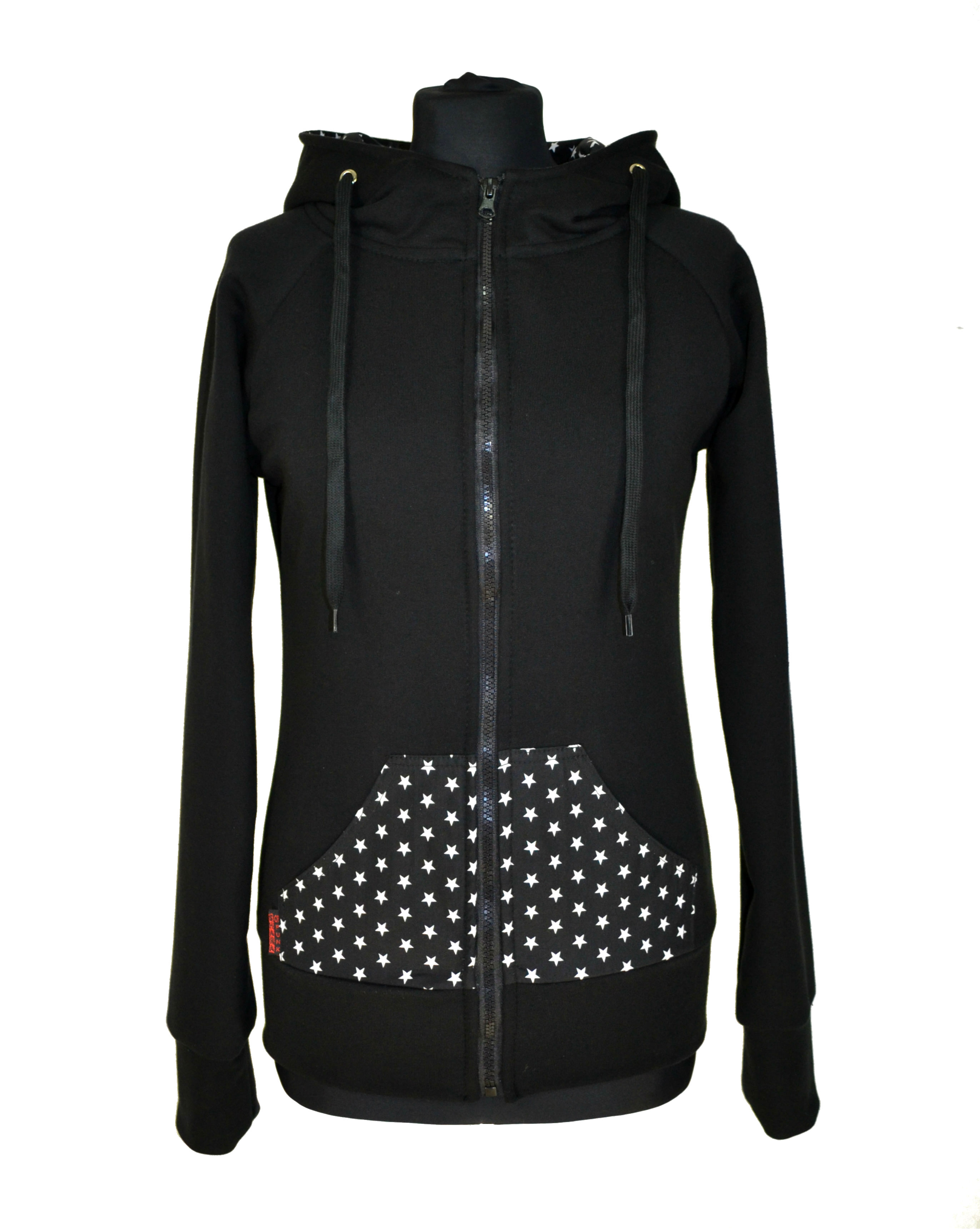Punk mikina na zip, černá - v kapuci + kapsa hvězdičky SKLADEM L