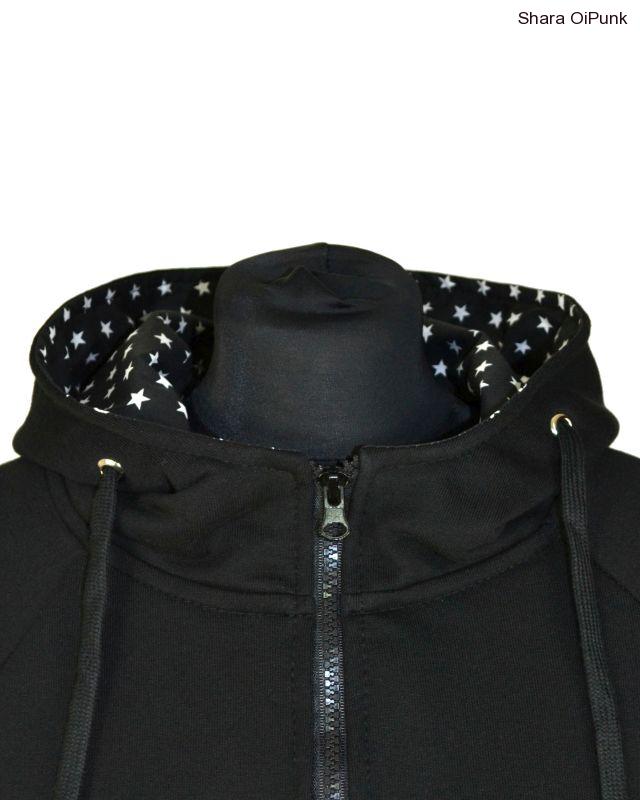 Punk mikina na zip, černá - v kapuci + kapsa hvězdičky SKLADEM L
