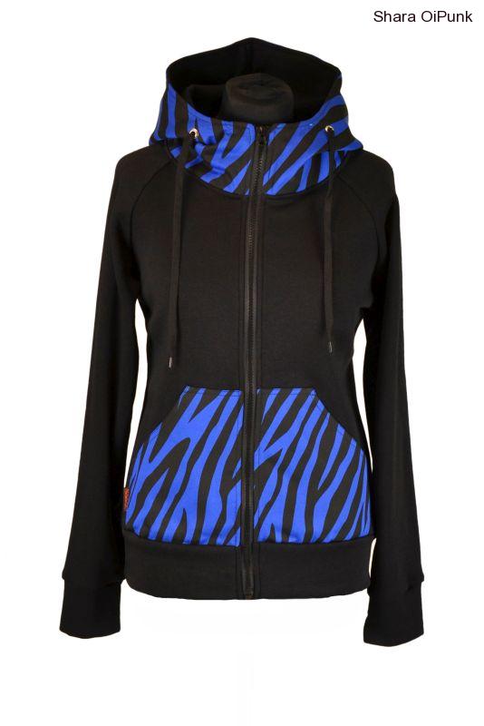 Punk mikina na zip - černá/modrá zebra-SKLADEM vel.S