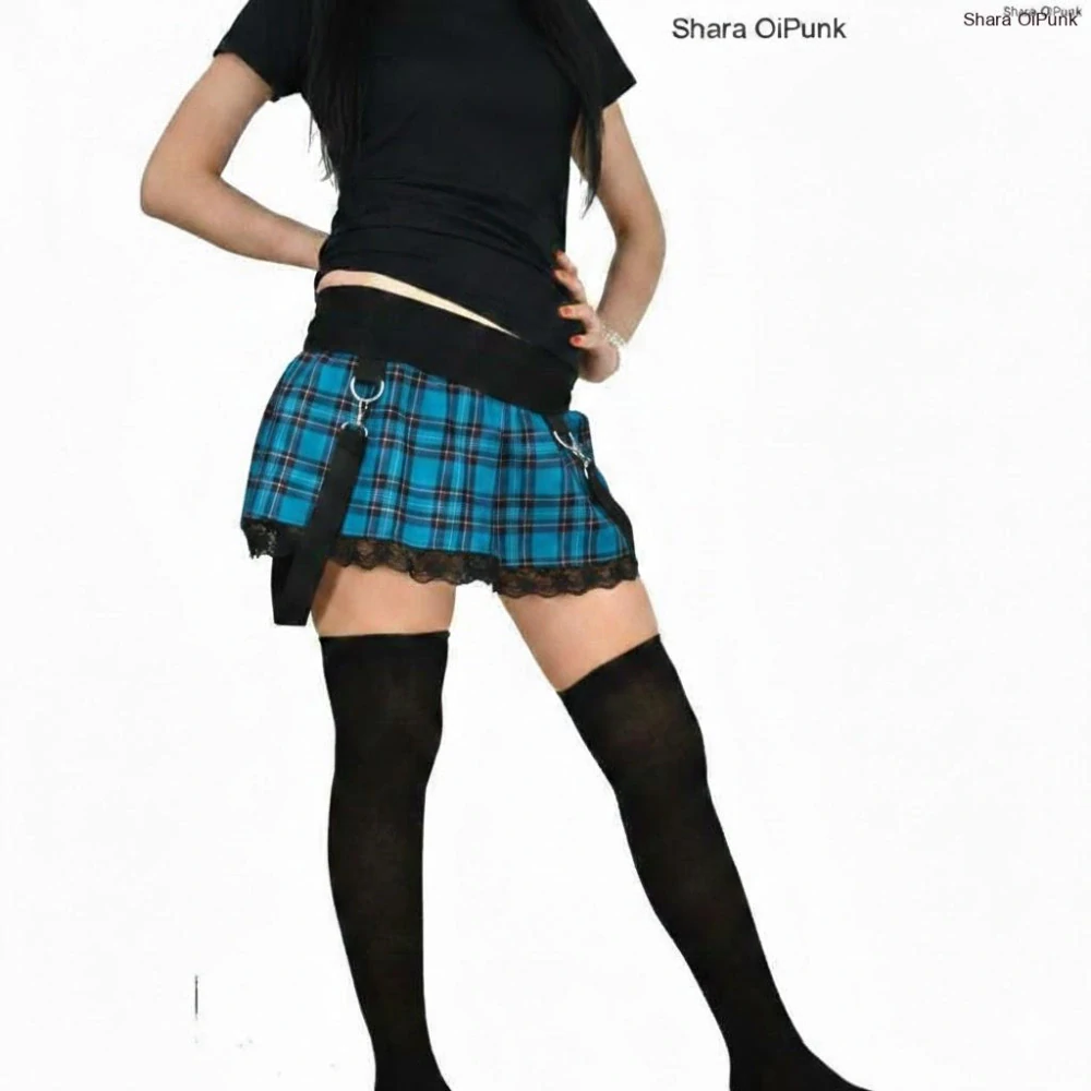 Punk lehce skládaná sukně s kšandami a krajkou - tyrkys tartan SKLADEM vel.S