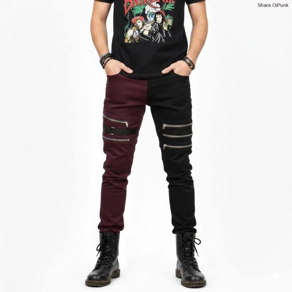 Punk pánské kalhoty - vínová/černá/5zipů a kov