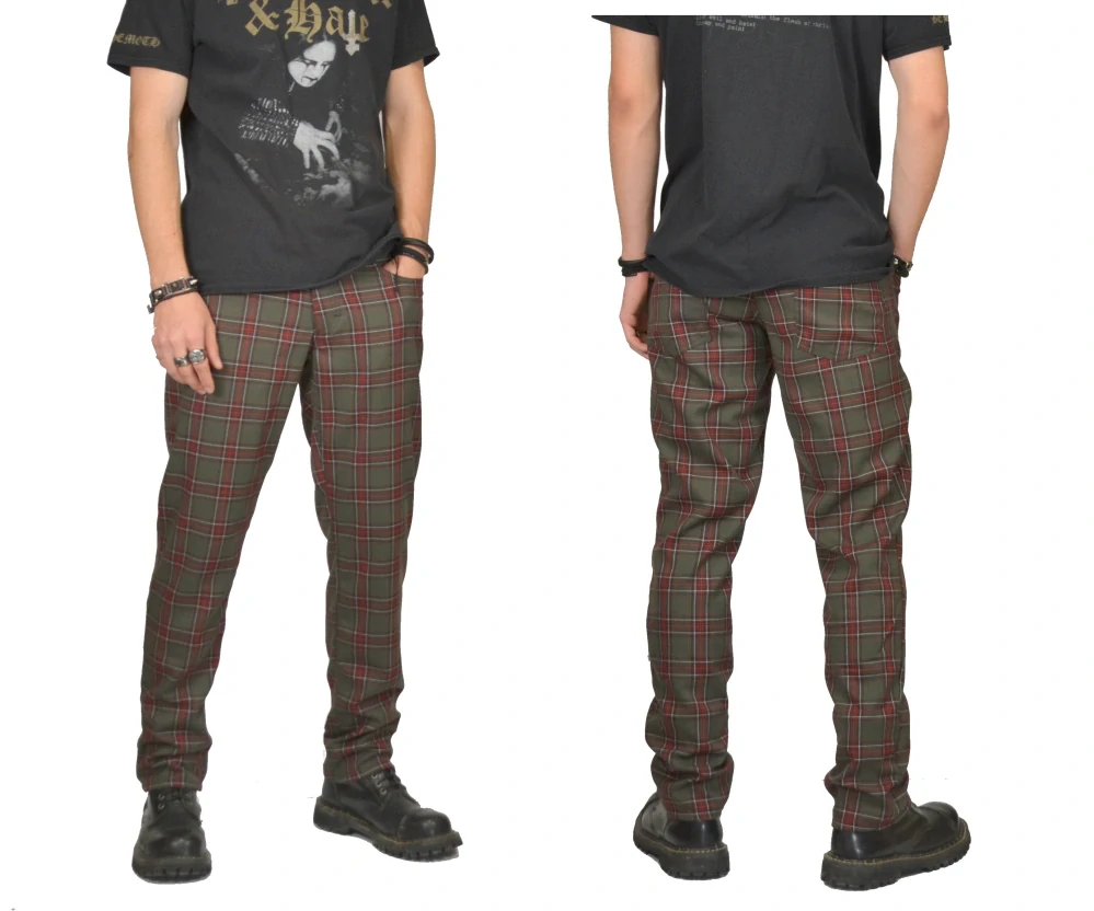 Punk pánské kalhoty -khaki vínové káro