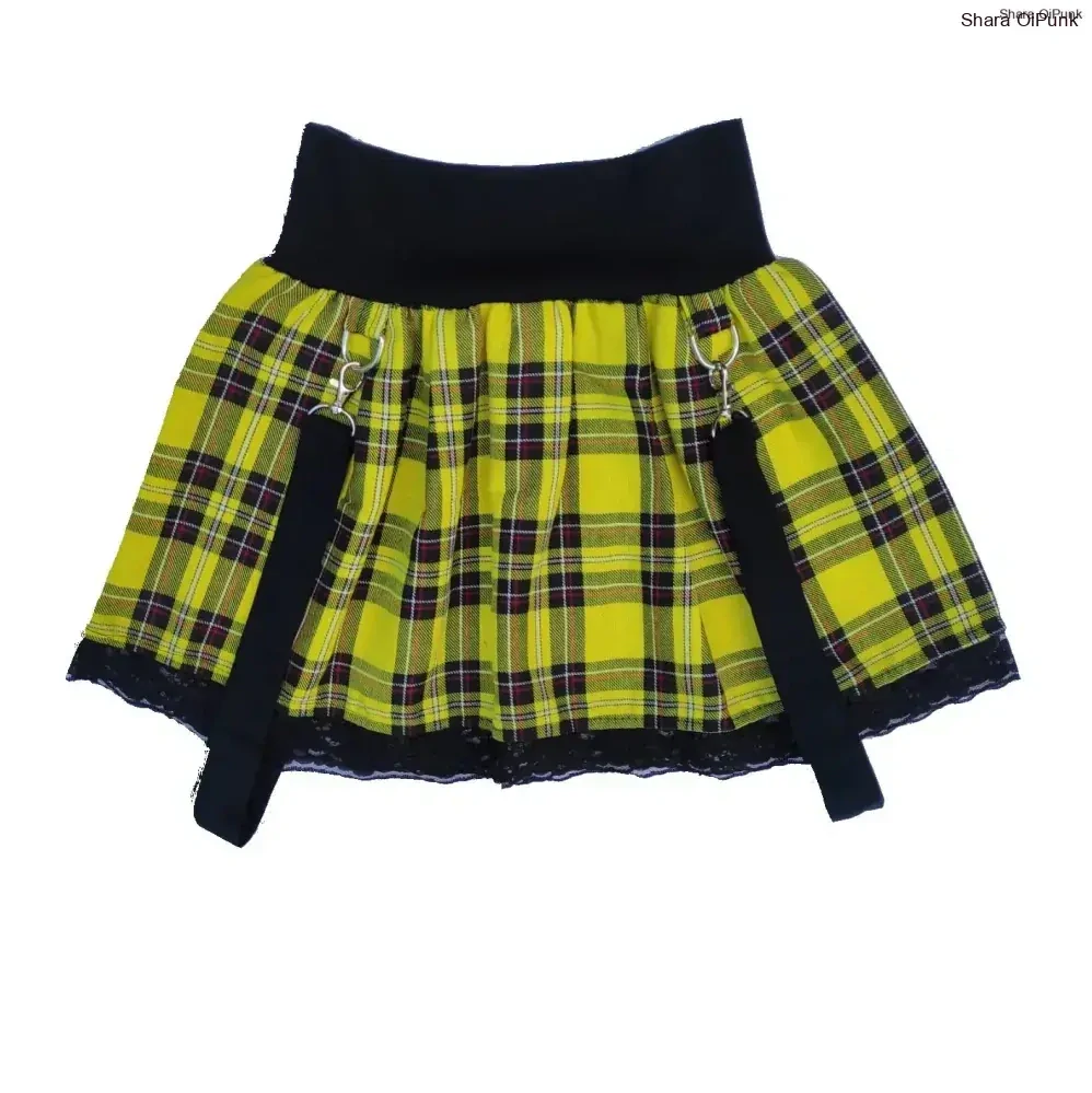 Punk sukně lehce skládaná- žluté káro/krajka/šle
