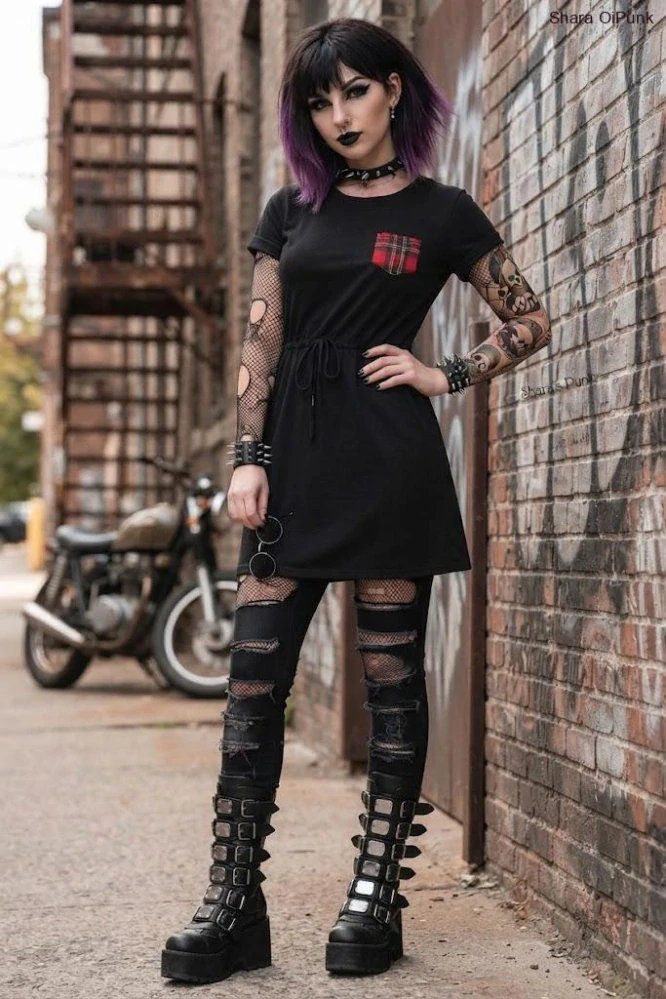 Punk šaty černé s káro kapsičkou
