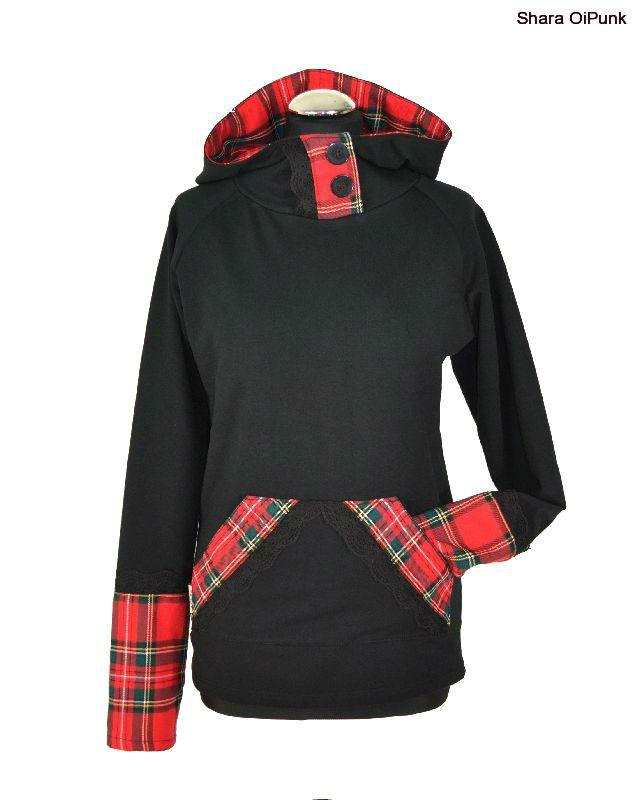 Punk mikina krajka - černá/červené káro