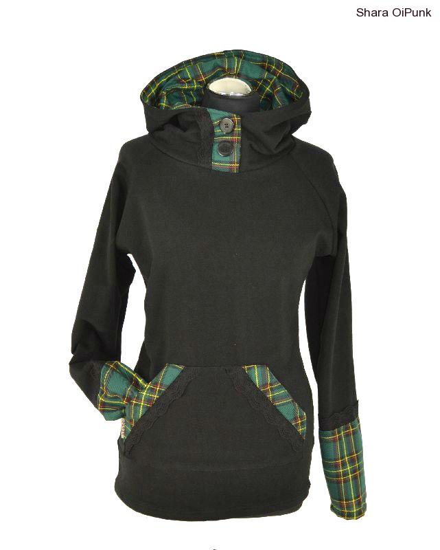 Punk mikina s krajkou - černá/zelené káro