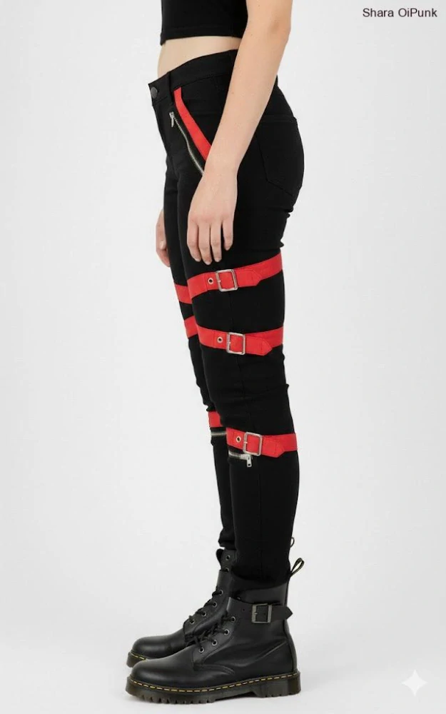 Punk dámské kalhoty - červená/černá se zipy a pásky 