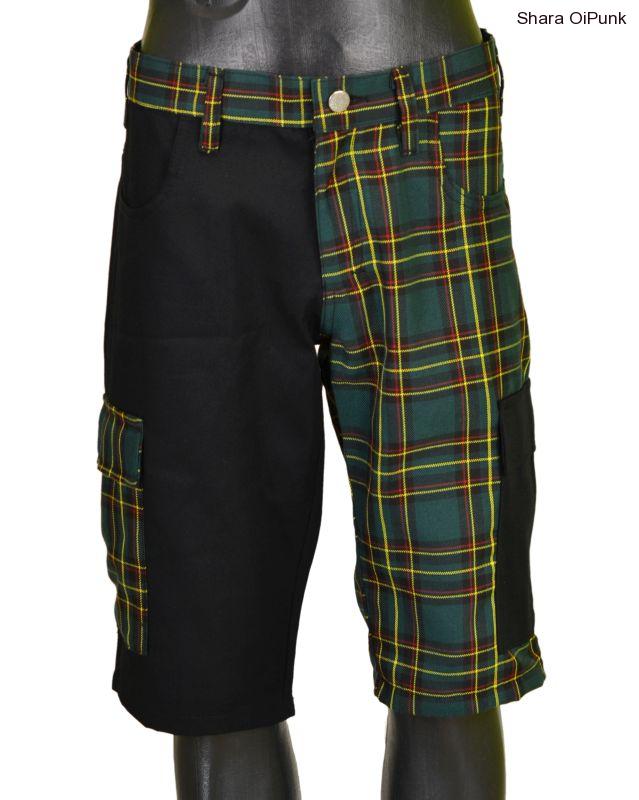 Punk kraťasy s prohozenýma bočníma kapsama- černá/zelené káro-SKLADEM-L