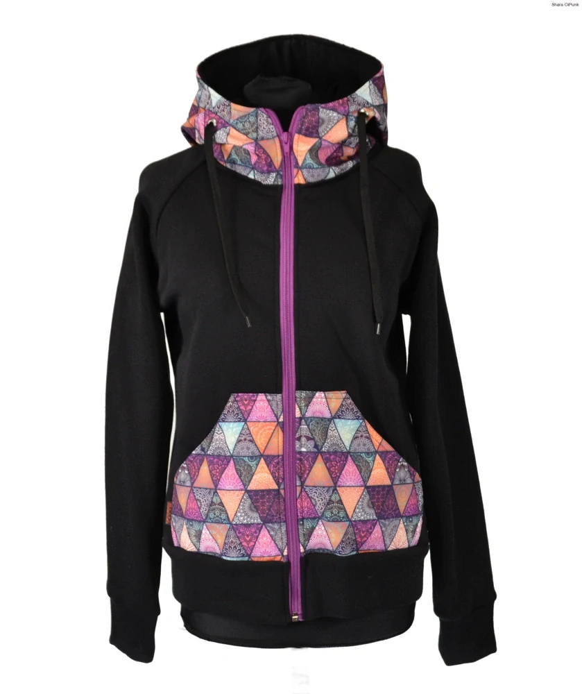 Mikina na zip - černá/mamdalové trojúhelníky/fialová-SKLADEM-XL černá tkanička