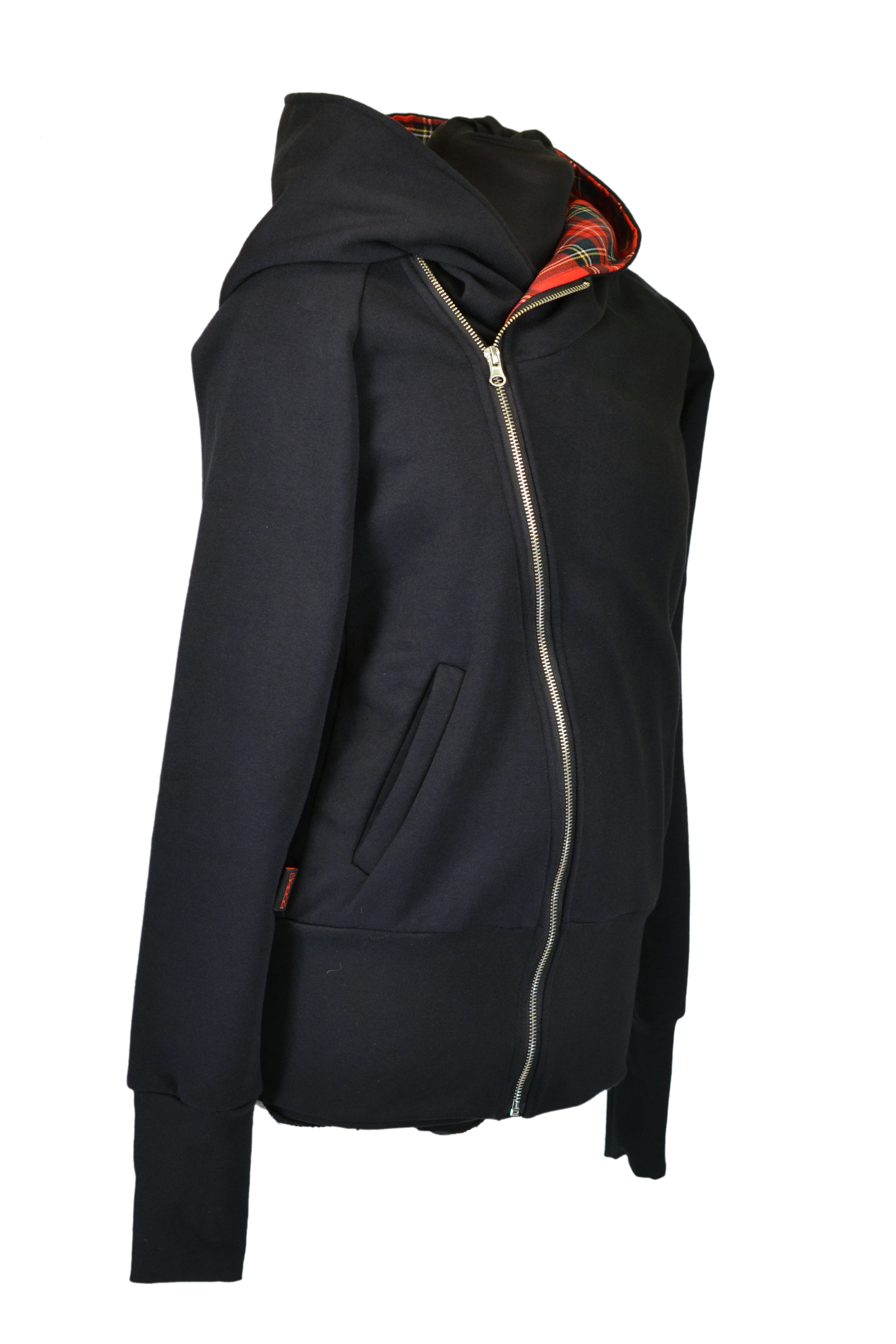 Punk mikina s velkou kapucí - černá/kovový zip/červené káro