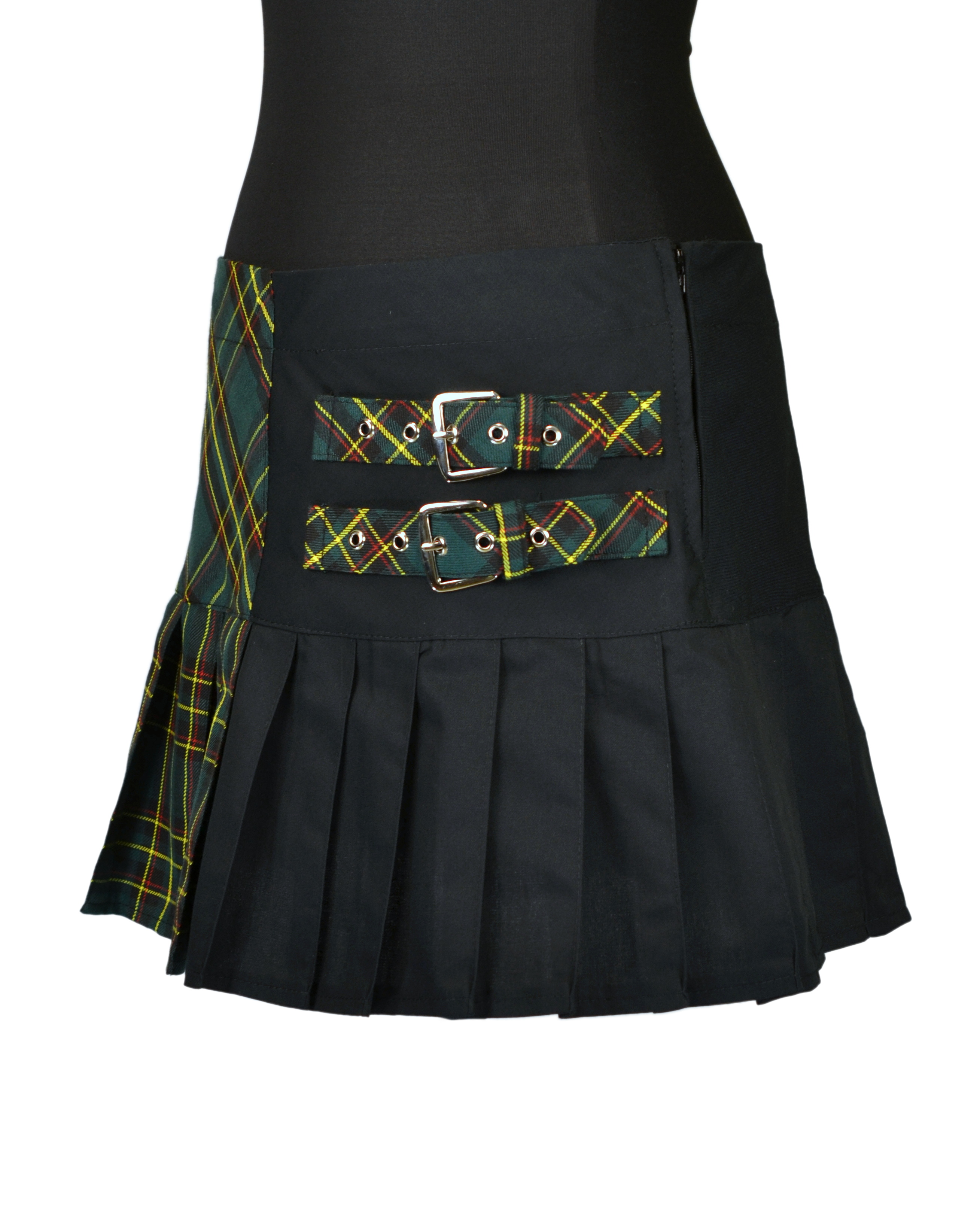 PUNK sukně se sklady a pásky - černá/zelená kostka SKLADEM vel.M