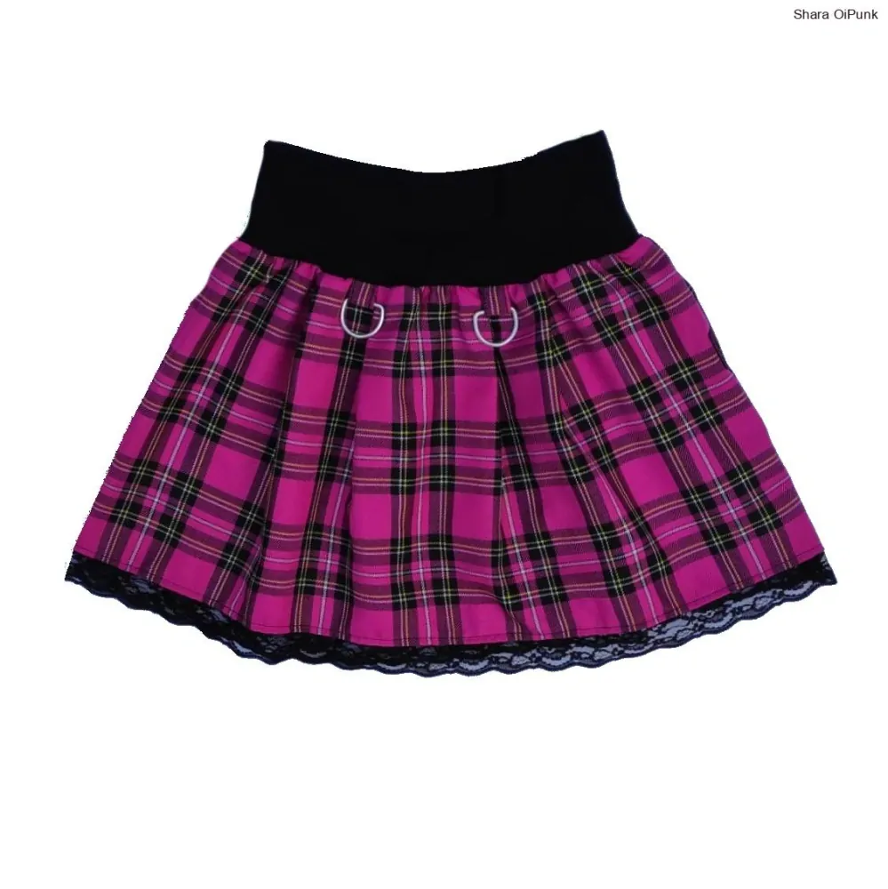 Punk sukně lehce skládaná s krajkou - růžové káro/4 kroužky SKLADEM vel.L