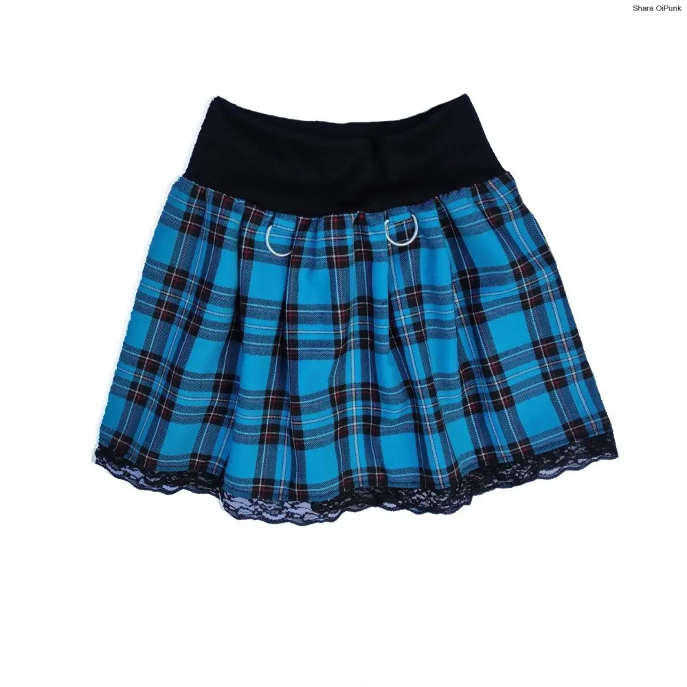 Punk lehce skládaná sukně s kšandami a krajkou - tyrkys tartan SKLADEM vel.S