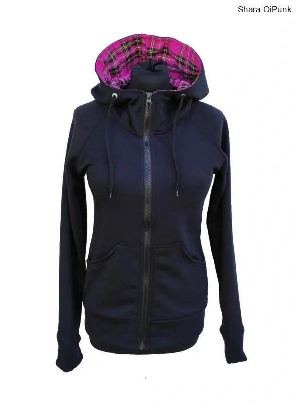 Punk mikina dámská na zip černá - v kapuci růžový tartan SKLADEM vel.S