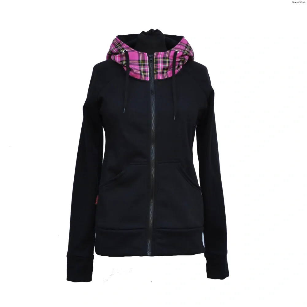 Punk mikina dámská na zip černá - kapuce růžový tartan SKLADEM vel.S