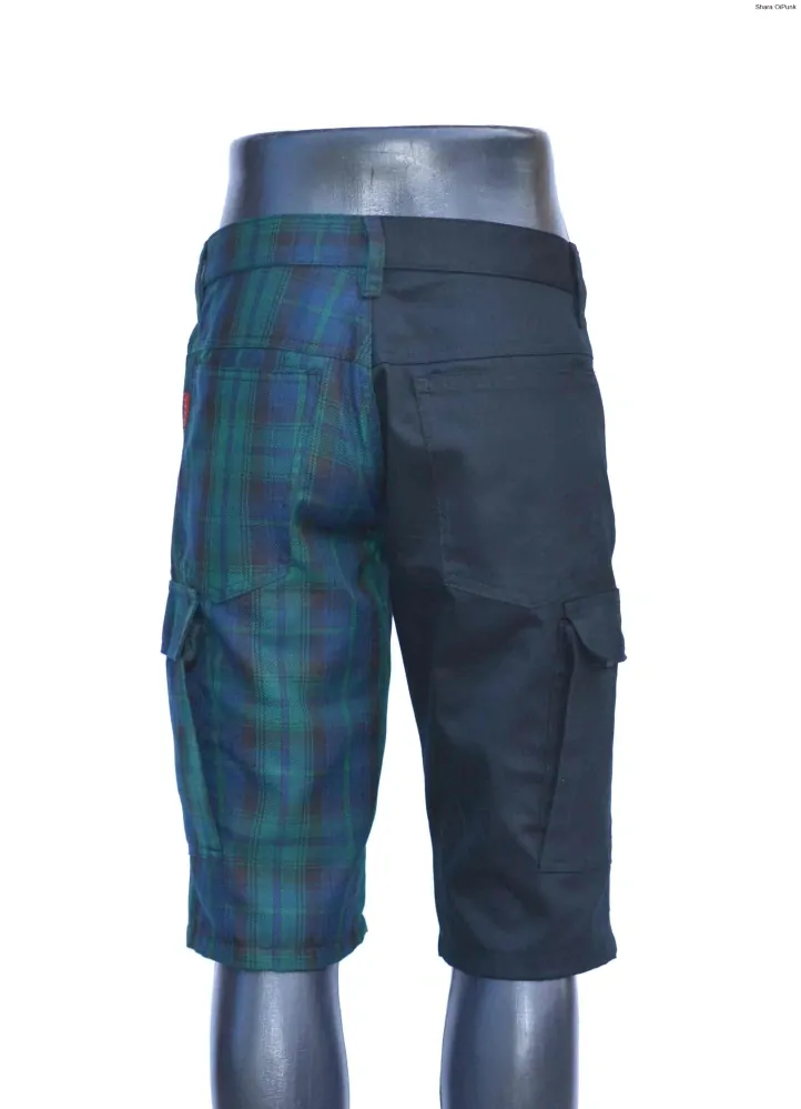 Punk pánské kraťasy - s bočníma kapsama - černá/tartan zeleno modré káro SKLADEM vel.S
