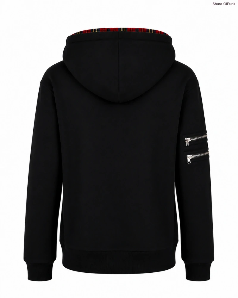 Punk mikina na zip - černá/červené káro se zipy 