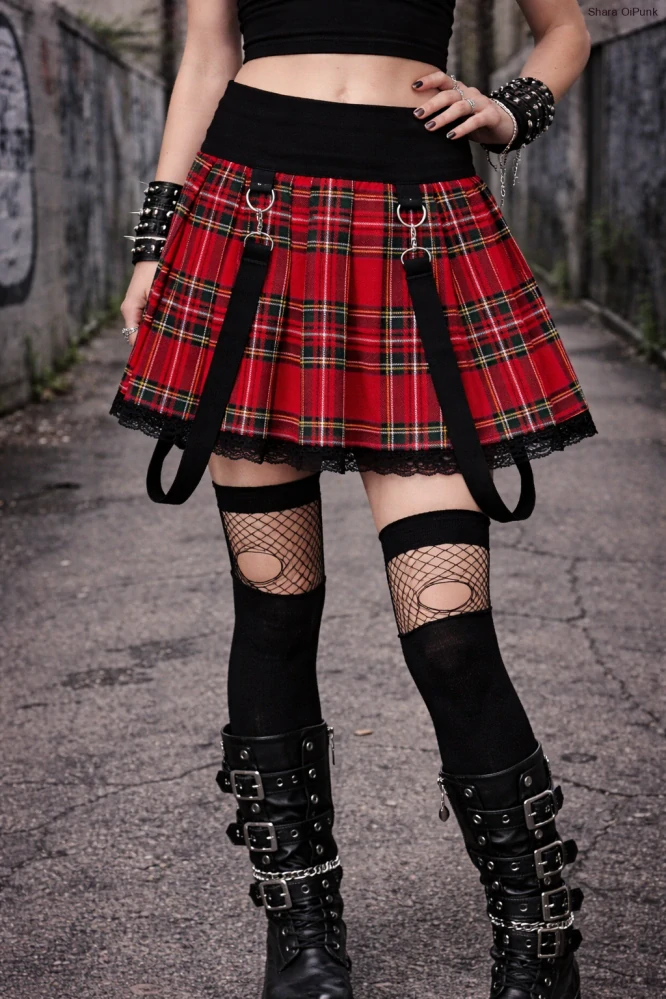 Punk sukně lehce skládaná- červené káro/krajka/šle