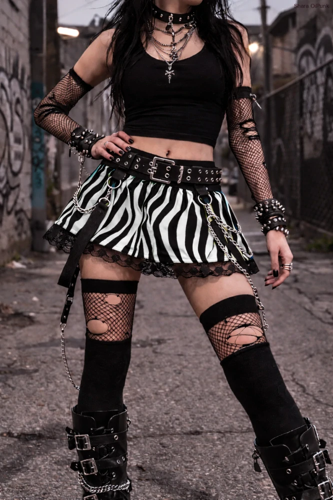 Punk sukně lehce skládaná- bílá zebra/krajka/šle