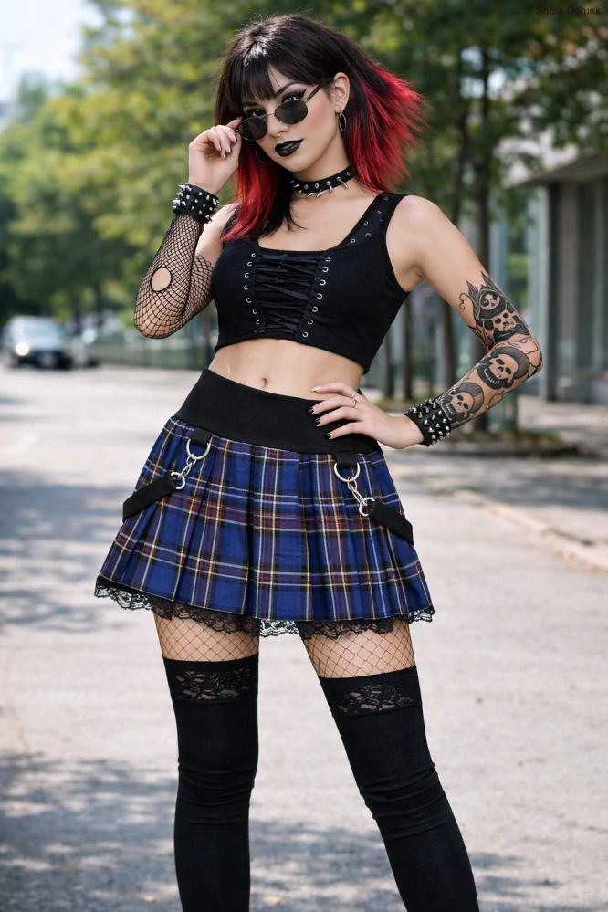 Punk lehce skládaná sukně- modré káro/krajka/šle