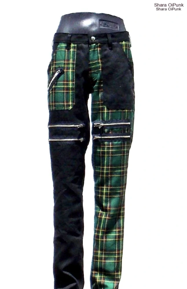 Punk pánské kalhoty - černá/zelené káro/5x zip
