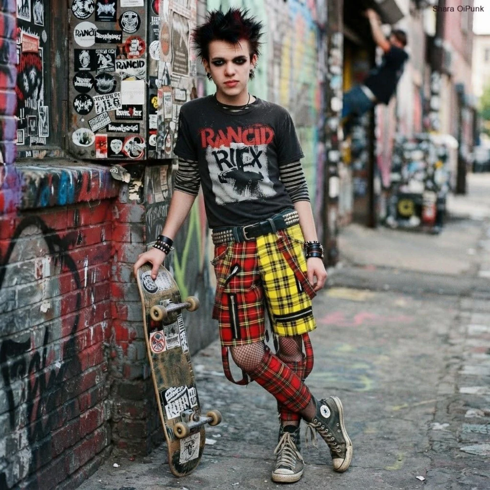 Punk kraťasy šle+4 zipy - žluté káro/modrá kostka/4 zipy/kšandy