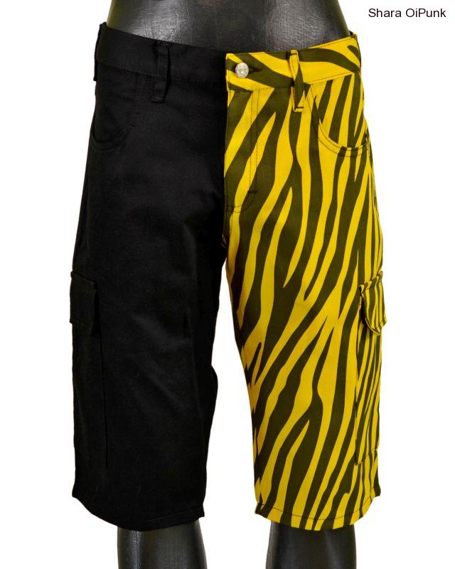 Punk kraťasy s bočníma kapsama černá/žlutá zebra - SKLADEM vel. XXL