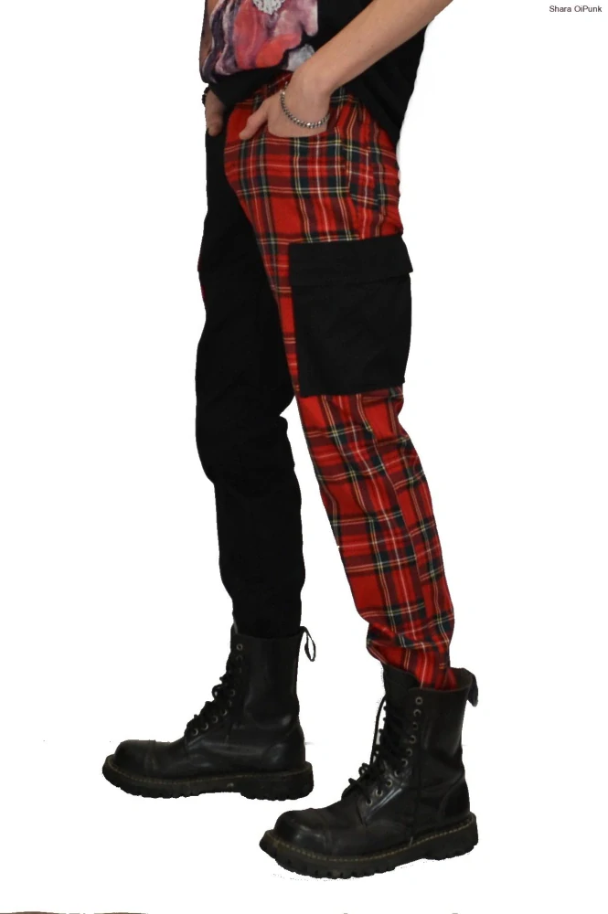 Punk pánské kalhoty kapsáče - černá/červené káro