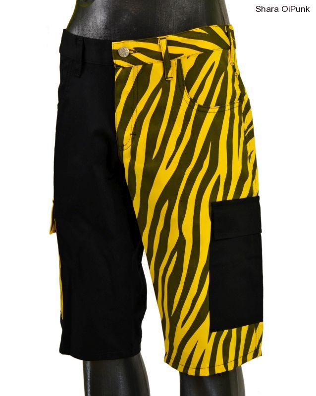 Punk kraťasy s prohozenýma bočníma kapsama - černá/žlutá zebra-SKLADEM-4ks -M