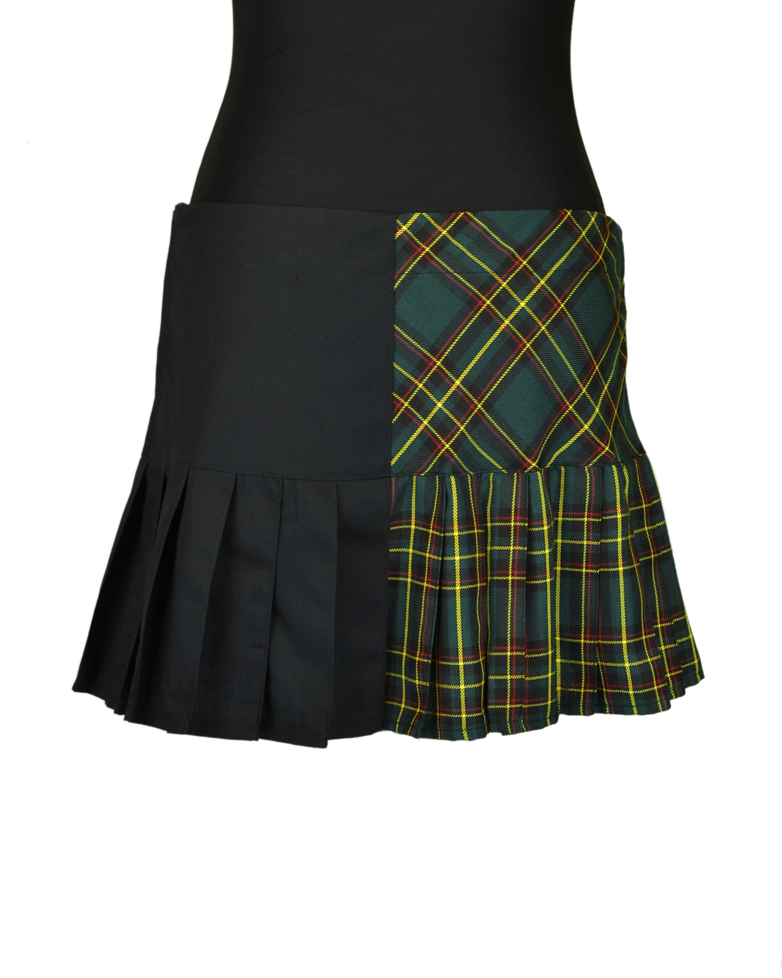 PUNK sukně se sklady a pásky - černá/zelená kostka SKLADEM vel.M