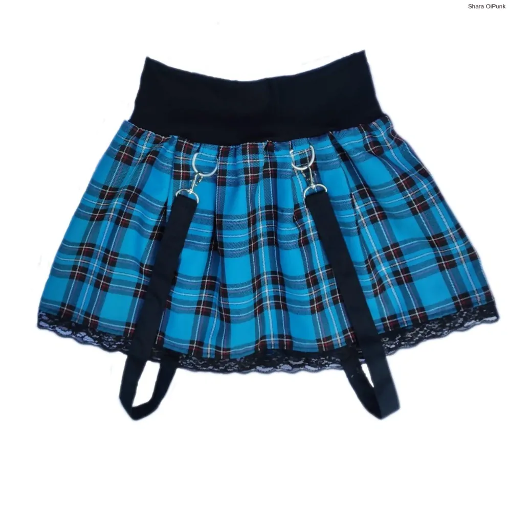 Punk lehce skládaná sukně s kšandami a krajkou - tyrkys tartan SKLADEM vel.S