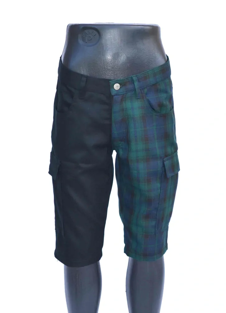 Punk pánské kraťasy - s bočníma kapsama - černá/tartan zeleno modré káro SKLADEM vel.S