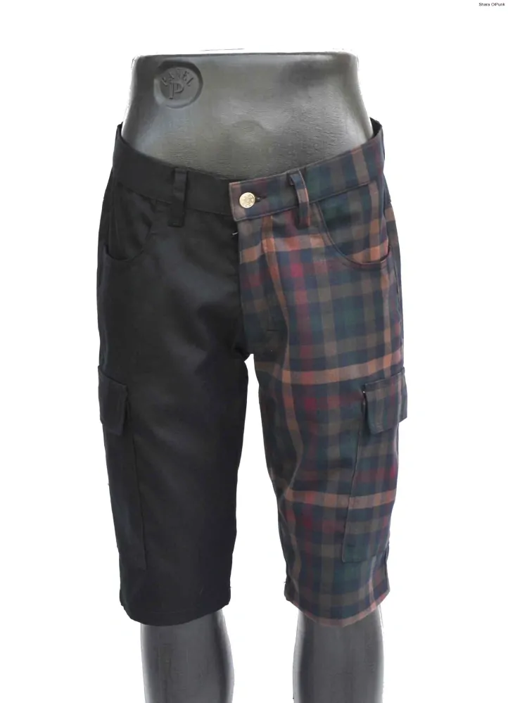 Punk pánské kraťasy - s bočníma kapsama - černá/tartan hnědé káro SKLADEM vel. S
