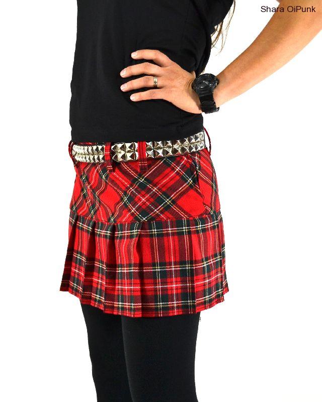 Punk sukně se sedlem skládaná - tartan červené káro