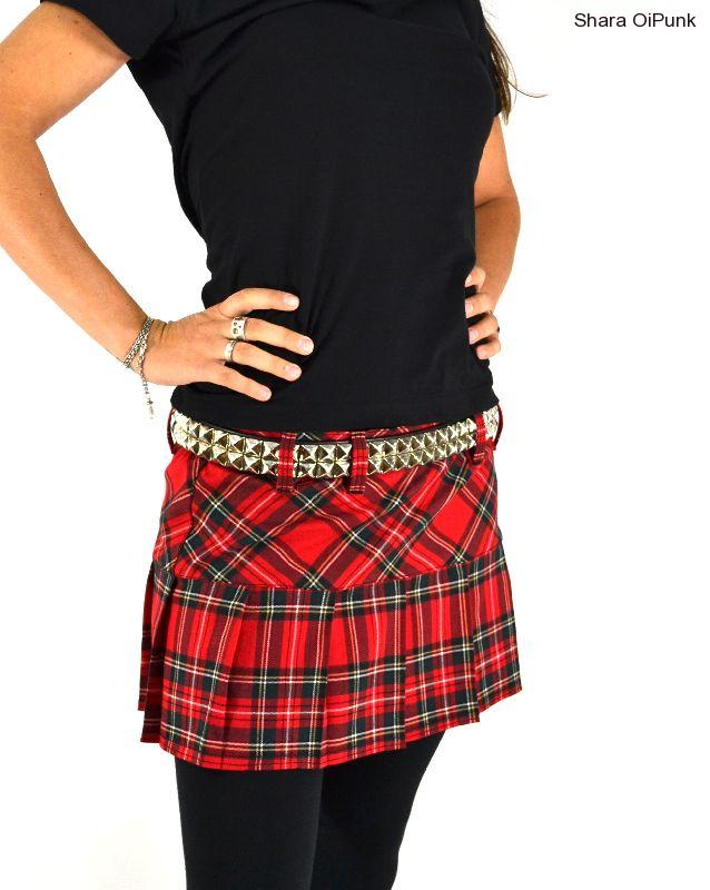 Punk sukně se sedlem skládaná - tartan červené káro