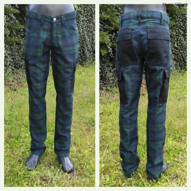 Punk pánské kalhoty kaspáče - modro zelený tartan